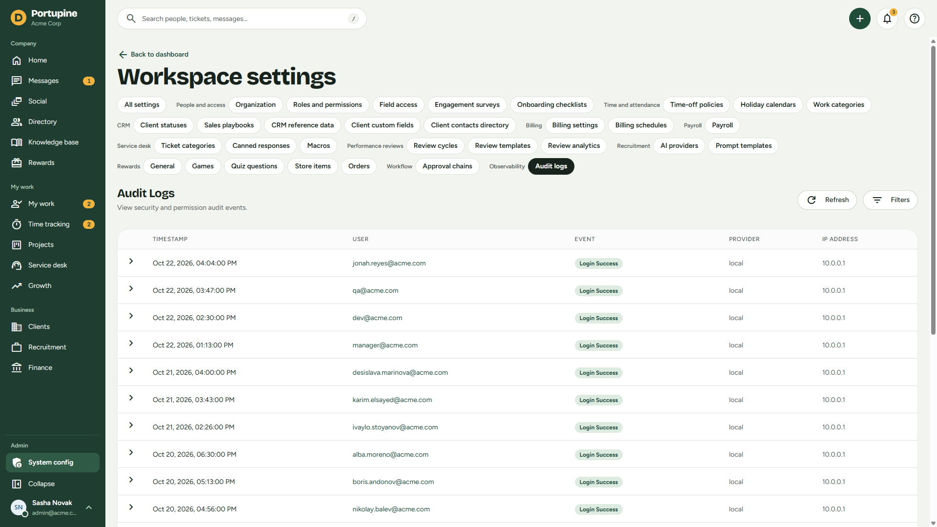 Filtered security audit log
