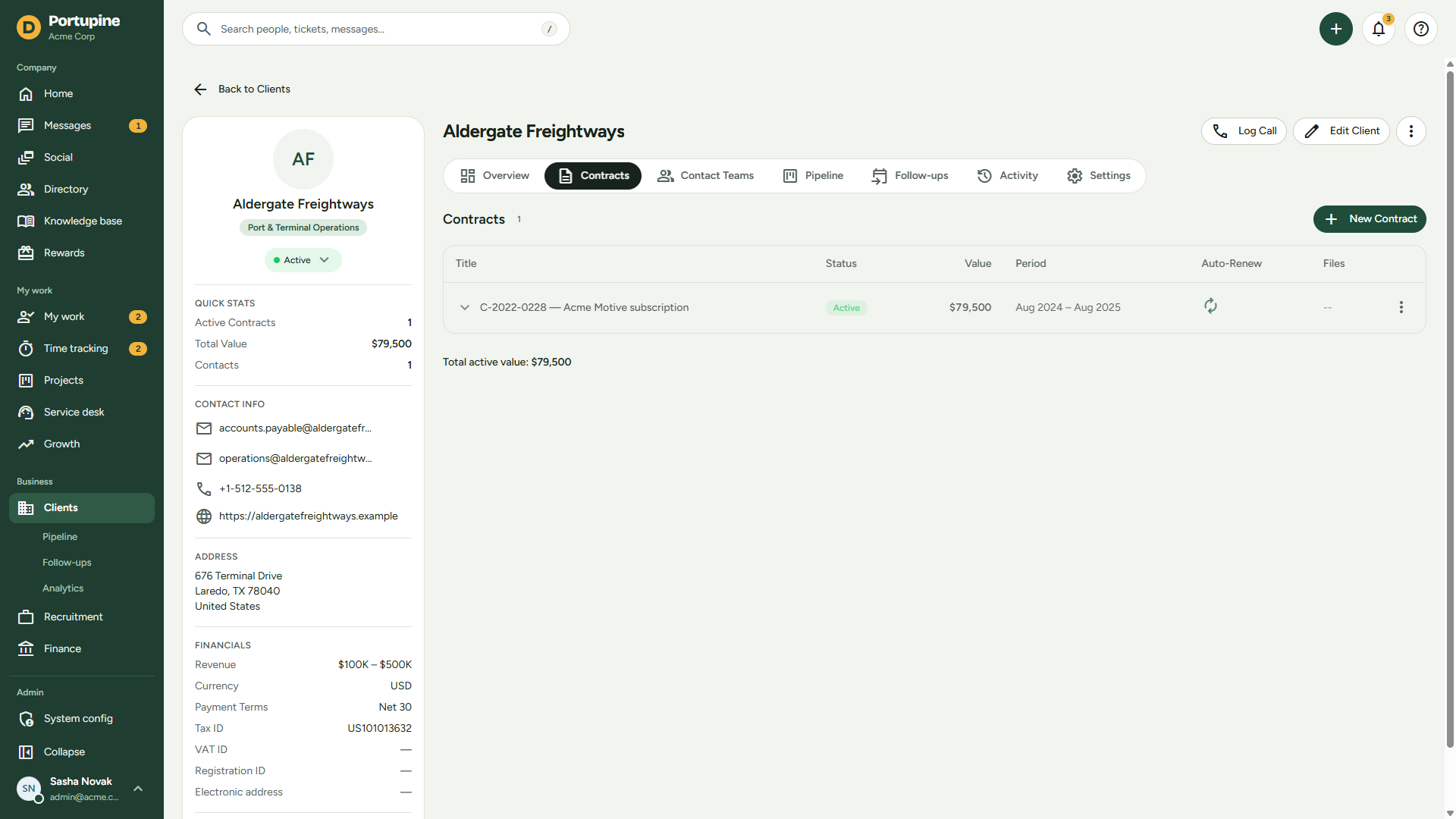 Client contracts with values and terms