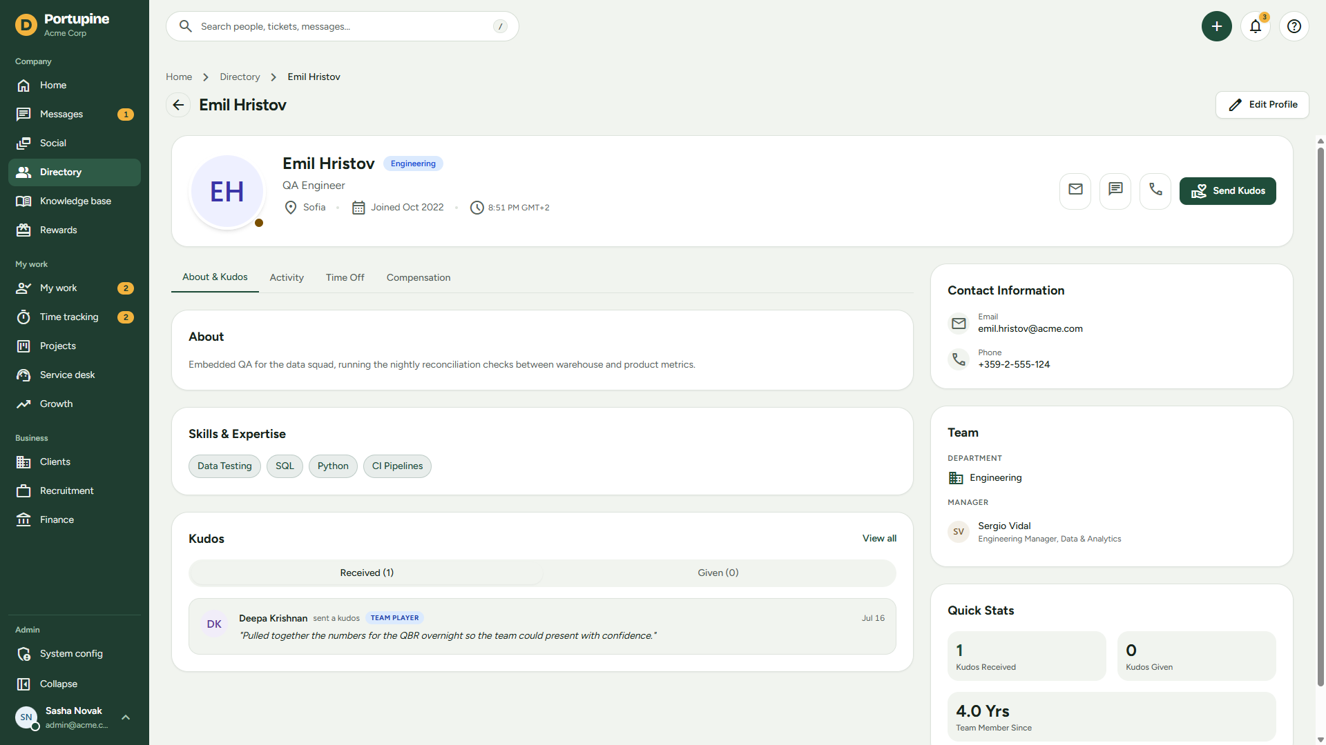 Employee profile with bio, kudos, and activity