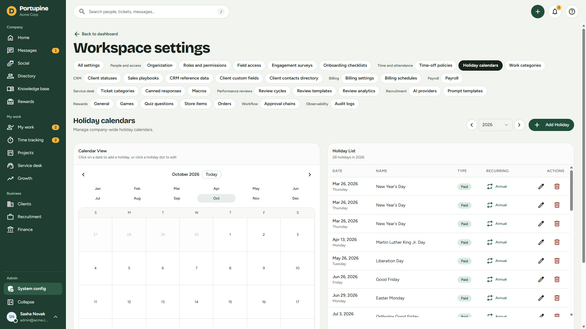Holiday calendar configuration