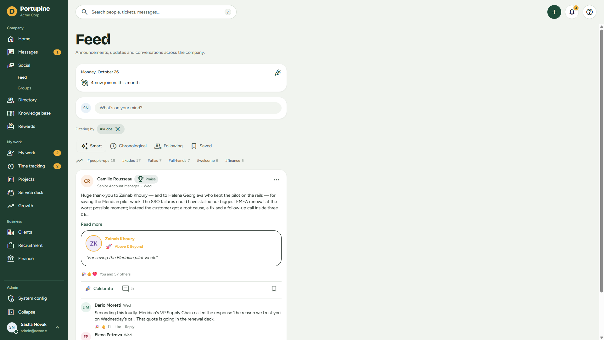 Recognition posts in the company feed