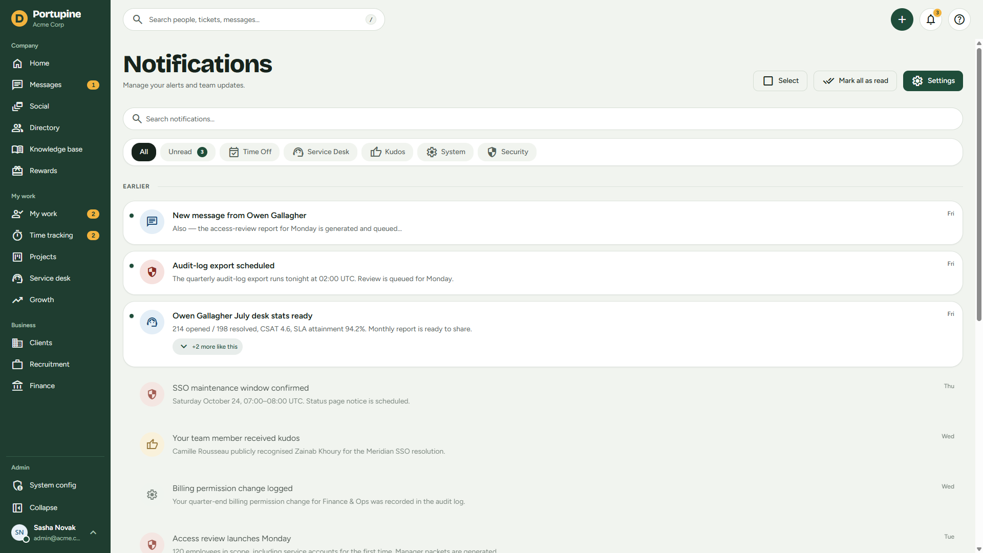 Notification center with category filters