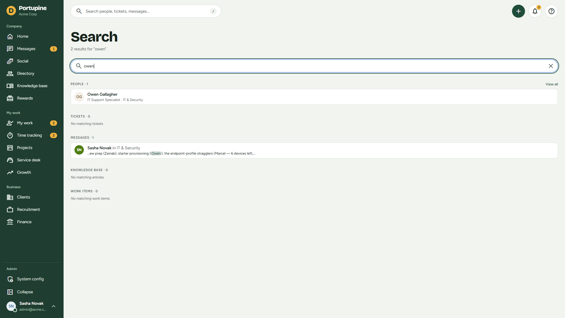 Unified search across people, tickets, and messages
